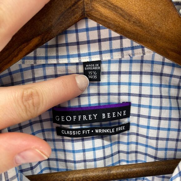 Geoffrey Beene Shirt Men 15 Blue Plaid Button Up Classic Fit Wrinkle Free - Picture 3 of 6